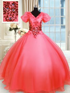 Deluxe Floor Length Lace Up Vestidos de Quinceanera Coral Red for Military Ball and Sweet 16 and Quinceanera with Appliques