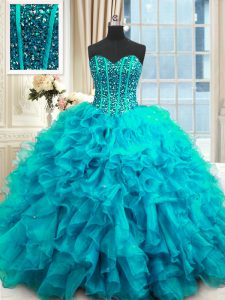Floor Length Lace Up Sweet 16 Dress Baby Blue for Military Ball and Sweet 16 and Quinceanera with Beading and Ruffles and Sequins