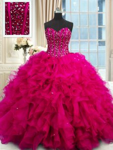 Customized Fuchsia Sleeveless Floor Length Beading and Ruffles and Sequins Lace Up Quinceanera Dress