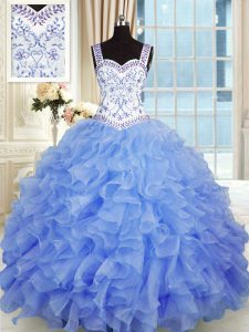 Exquisite Blue Ball Gowns Organza Sweetheart Sleeveless Beading and Appliques and Ruffles Floor Length Lace Up Quinceanera Dresses