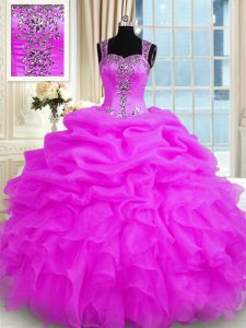 Ball Gowns Sweet 16 Quinceanera Dress Fuchsia Straps Organza Sleeveless Floor Length Zipper