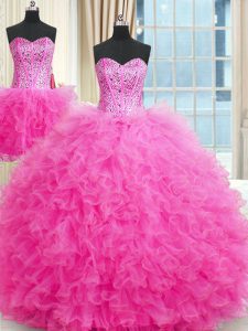 Custom Made Three Piece Strapless Sleeveless Sweet 16 Dresses Floor Length Beading and Ruffles Rose Pink Tulle