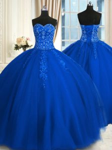 Amazing Blue Ball Gowns Sweetheart Sleeveless Tulle Floor Length Lace Up Appliques and Embroidery 15 Quinceanera Dress