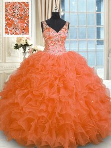 Sleeveless Organza Floor Length Zipper 15th Birthday Dress in Orange Red with Beading and Ruffles