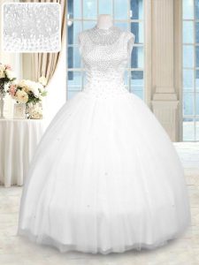 White Zipper Quinceanera Gown Beading Sleeveless Floor Length