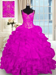 Lace Up Ball Gown Prom Dress Fuchsia for Military Ball and Sweet 16 and Quinceanera with Beading and Embroidery and Ruffles Brush Train