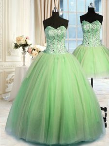 Elegant Three Piece Ball Gowns Beading and Ruching Quinceanera Gown Lace Up Organza Sleeveless Floor Length