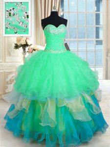 Clearance Multi-color Ball Gowns Sweetheart Sleeveless Organza Floor Length Lace Up Beading and Appliques and Ruffles Ball Gown Prom Dress
