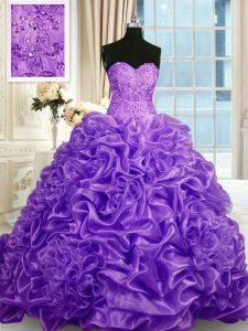 Elegant Lavender Sleeveless Sweep Train Beading and Pick Ups With Train 15th Birthday Dress