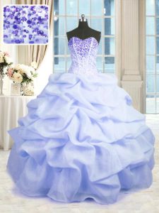 Smart Light Blue Ball Gowns Beading and Ruffles Quince Ball Gowns Lace Up Organza Sleeveless Floor Length