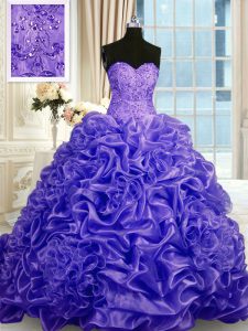 Purple Ball Gowns Sweetheart Sleeveless Organza Sweep Train Lace Up Beading and Pick Ups 15 Quinceanera Dress