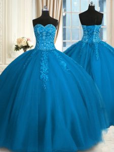 Tulle Sleeveless Floor Length Quinceanera Dress and Appliques and Embroidery