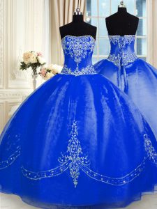 Strapless Sleeveless 15th Birthday Dress Floor Length Beading and Embroidery Royal Blue Organza