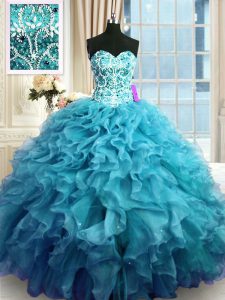 Colorful Sweetheart Sleeveless Quinceanera Gowns Floor Length Beading and Ruffles Teal Organza