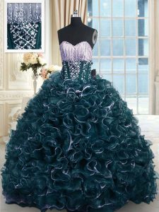 Flirting Teal Sleeveless Organza Brush Train Lace Up Quinceanera Gown for Military Ball and Sweet 16 and Quinceanera