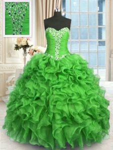 Adorable Organza Sweetheart Sleeveless Lace Up Beading and Ruffles Quinceanera Dress in Green