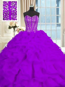 Organza Sleeveless With Train Sweet 16 Quinceanera Dress Brush Train and Beading and Ruffles