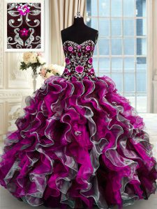 Fantastic Sweetheart Sleeveless Quinceanera Dresses Floor Length Beading and Appliques Multi-color Organza