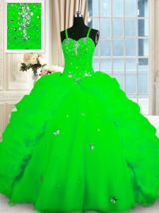 Luxurious Ball Gowns Organza Spaghetti Straps Sleeveless Beading and Pick Ups Floor Length Lace Up Quinceanera Gowns