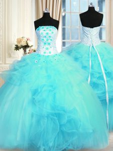 Aqua Blue Lace Up Strapless Pick Ups and Hand Made Flower Sweet 16 Dress Tulle Sleeveless