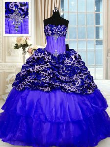Sleeveless Organza and Printed Sweep Train Lace Up Quinceanera Gowns in Royal Blue with Beading and Ruffled Layers and Sequins