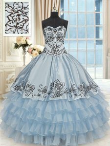 Organza and Taffeta Sweetheart Sleeveless Lace Up Beading and Embroidery and Ruffled Layers Quinceanera Dress in Light Blue