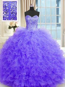 Glittering Lavender Ball Gowns Strapless Sleeveless Tulle Floor Length Lace Up Beading and Ruffles Ball Gown Prom Dress