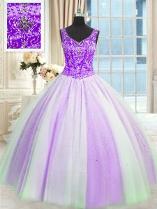 V-neck Sleeveless Tulle Quinceanera Gown Beading and Sequins Lace Up