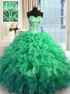 Turquoise Sleeveless Floor Length Beading and Ruffles Lace Up Sweet 16 Dress