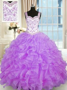 Customized Sweetheart Sleeveless Quinceanera Dress Floor Length Beading and Appliques and Ruffles Lilac Organza