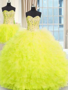 Cheap Three Piece Beading and Ruffles Sweet 16 Dresses Yellow Lace Up Sleeveless Floor Length