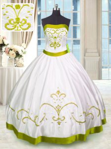 Floor Length White Quinceanera Gown Satin Sleeveless Embroidery