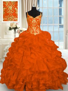 Orange Red Ball Gowns Beading and Ruffles Quinceanera Gown Lace Up Organza Sleeveless