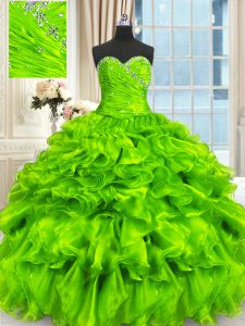 Hot Sale Floor Length Quinceanera Gowns Organza Sleeveless Beading and Ruffles and Ruching
