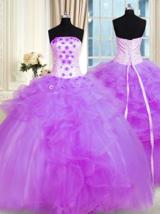 Excellent Purple Sleeveless Floor Length Pick Ups and Hand Made Flower Lace Up Sweet 16 Dresses