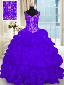 Spaghetti Straps Sleeveless Organza 15th Birthday Dress Beading and Embroidery and Ruffles and Pick Ups Brush Train Lace Up