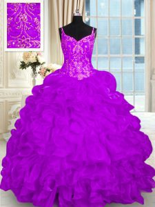 Gorgeous Purple Ball Gowns Beading and Embroidery and Ruffles Sweet 16 Dresses Lace Up Organza Sleeveless