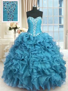 Baby Blue Ball Gowns Organza Sweetheart Sleeveless Beading and Ruffles Floor Length Lace Up Ball Gown Prom Dress