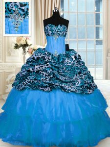 Dramatic Printed Ruffled Ball Gowns Sleeveless Baby Blue 15th Birthday Dress Sweep Train Lace Up