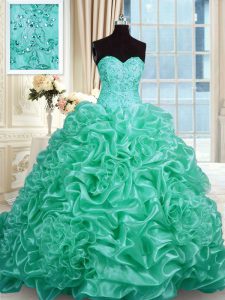 Turquoise Lace Up Sweetheart Beading and Pick Ups 15th Birthday Dress Organza Sleeveless
