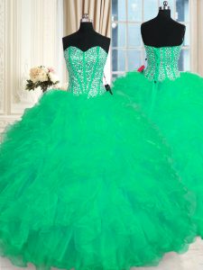 Turquoise Ball Gowns Beading and Ruffles Quinceanera Dress Lace Up Organza Sleeveless Floor Length