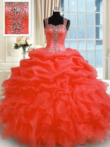 Sleeveless Floor Length Beading and Ruffles Zipper Quince Ball Gowns with Red