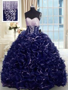 Sweet With Train Navy Blue Quinceanera Dress Sweetheart Sleeveless Brush Train Lace Up