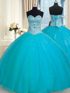 New Style Aqua Blue Tulle Lace Up Sweetheart Sleeveless Floor Length Quinceanera Dress Beading and Sequins