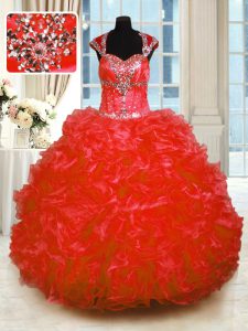 Great Floor Length Red Sweet 16 Dresses Straps Cap Sleeves Lace Up