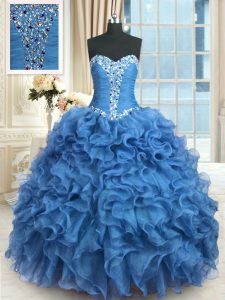 Fabulous Sweetheart Sleeveless Sweet 16 Dress Floor Length Beading and Ruffles Baby Blue Organza