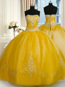 Gold Strapless Neckline Beading and Embroidery Sweet 16 Quinceanera Dress Sleeveless Lace Up
