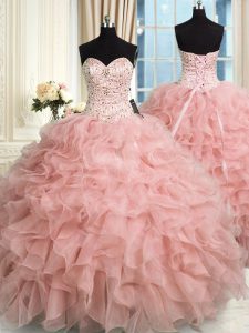 Graceful Baby Pink Sleeveless Organza Lace Up Sweet 16 Dresses for Military Ball and Sweet 16 and Quinceanera