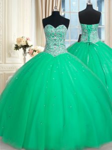 Sleeveless Tulle Floor Length Lace Up Vestidos de Quinceanera in Green with Beading and Sequins
