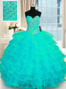 Customized Beading and Ruffled Layers 15th Birthday Dress Turquoise Lace Up Sleeveless Floor Length